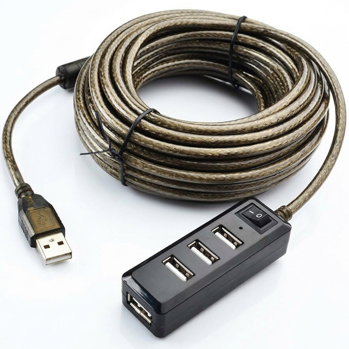 Active USB 2.0 Extension Cable with 4 Port USB Hub Power Switch Long USB Repeater Cord with DC 5V Jack for PC Laptop Printer Webcam Mouse Flash Drive