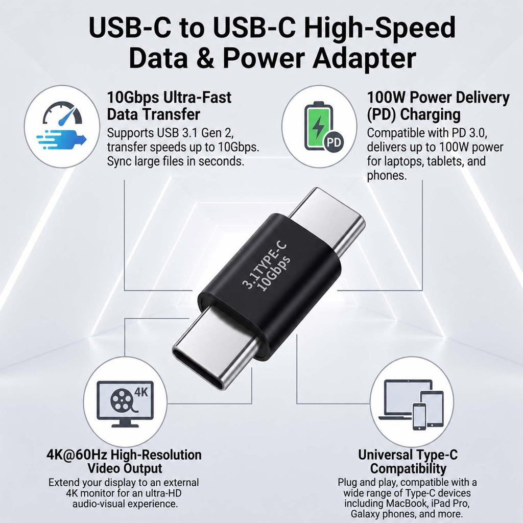 USB C Male to Male Adapter 10Gbps USB 3.1 Type C Male to Male Connector 5A 30V Fast Charging 4K Video for MacBook iPad Pro Galaxy Laptop Tablet Phone
