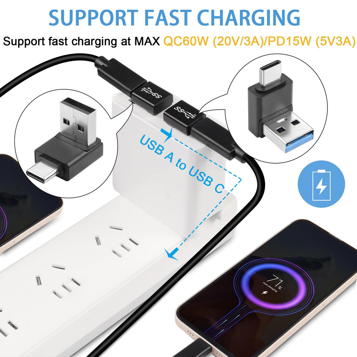 USB A Male to USB C Male 90 Degree Adapter 10Gbps Right Angle Type C Converter QC 60W PD 15W for Phone Laptop PC Charger Power Bank