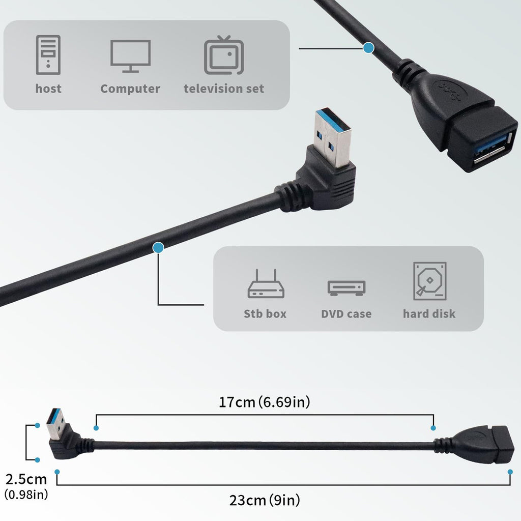 USB 3.0 Extension Cable Male to Female 90 Degree Up Down Angle 23cm 5Gbps SuperSpeed for PC Laptop Hard Drive Keyboard Mouse USB Hub