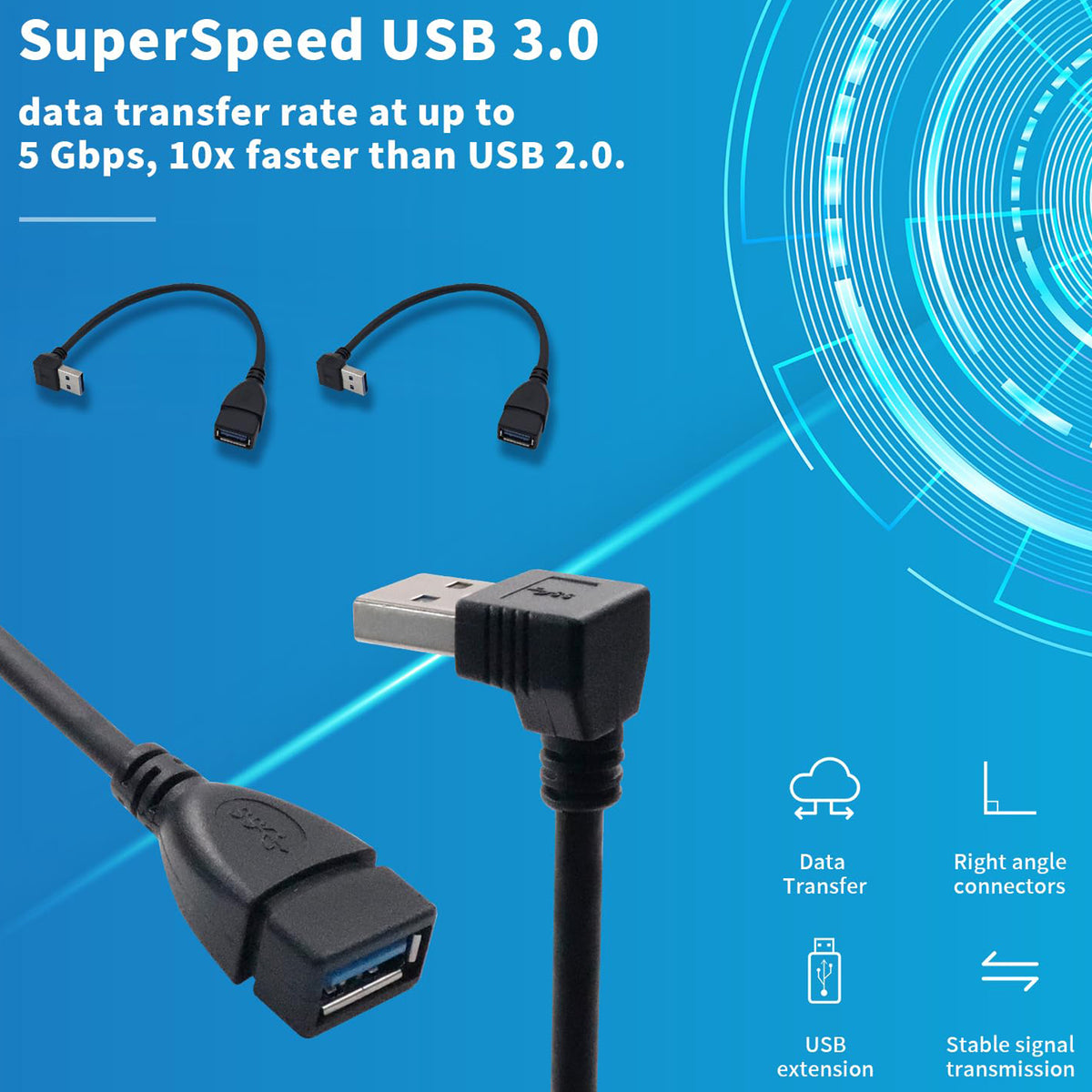 USB 3.0 Extension Cable Male to Female 90 Degree Up Down Angle 23cm 5Gbps SuperSpeed for PC Laptop Hard Drive Keyboard Mouse USB Hub