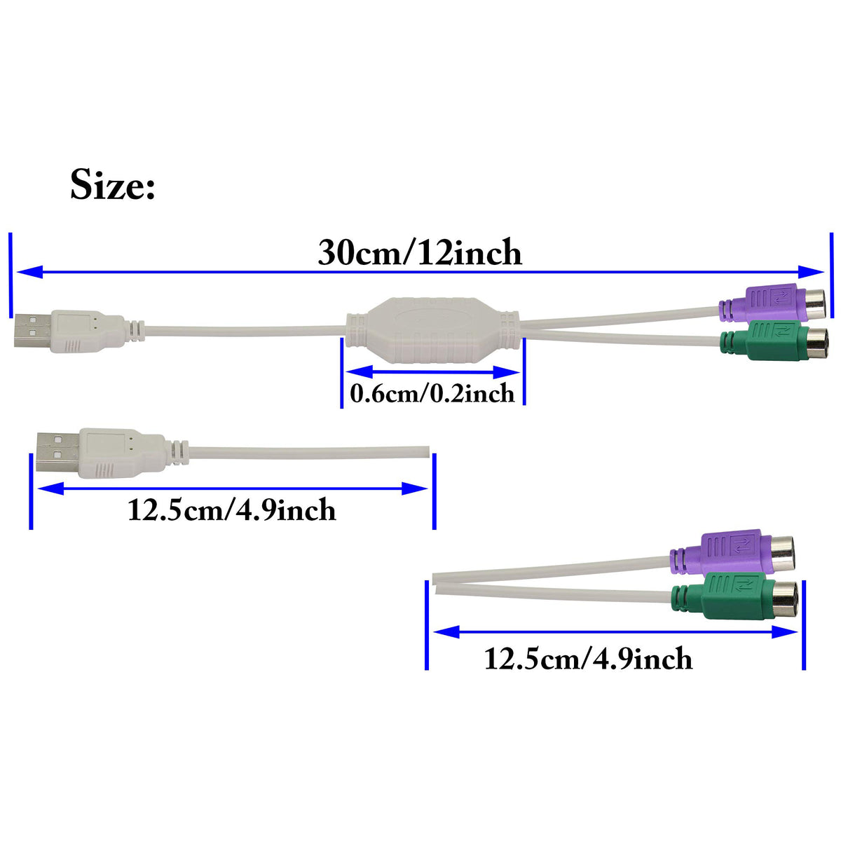 USB to Dual PS2 Adapter Cable USB Male to 2 PS 2 Female Y Splitter Active Converter for PS2 Keyboard and Mouse on Modern PC Laptop Windows Linux 30cm