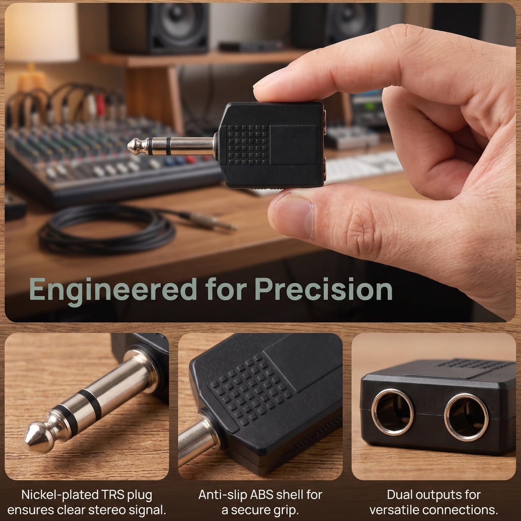 6.35mm to Dual 6.35mm Splitter 1/4 Inch TRS Male to Dual Female Stereo Audio Adapter 6.5mm Headphone Y Jack for Mixer Amplifier Speaker Guitar Piano
