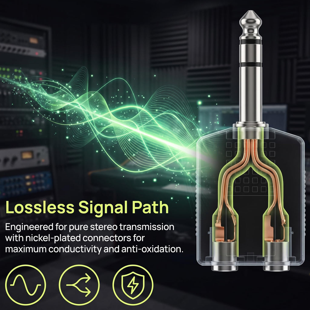 6.35mm to Dual 6.35mm Splitter 1/4 Inch TRS Male to Dual Female Stereo Audio Adapter 6.5mm Headphone Y Jack for Mixer Amplifier Speaker Guitar Piano
