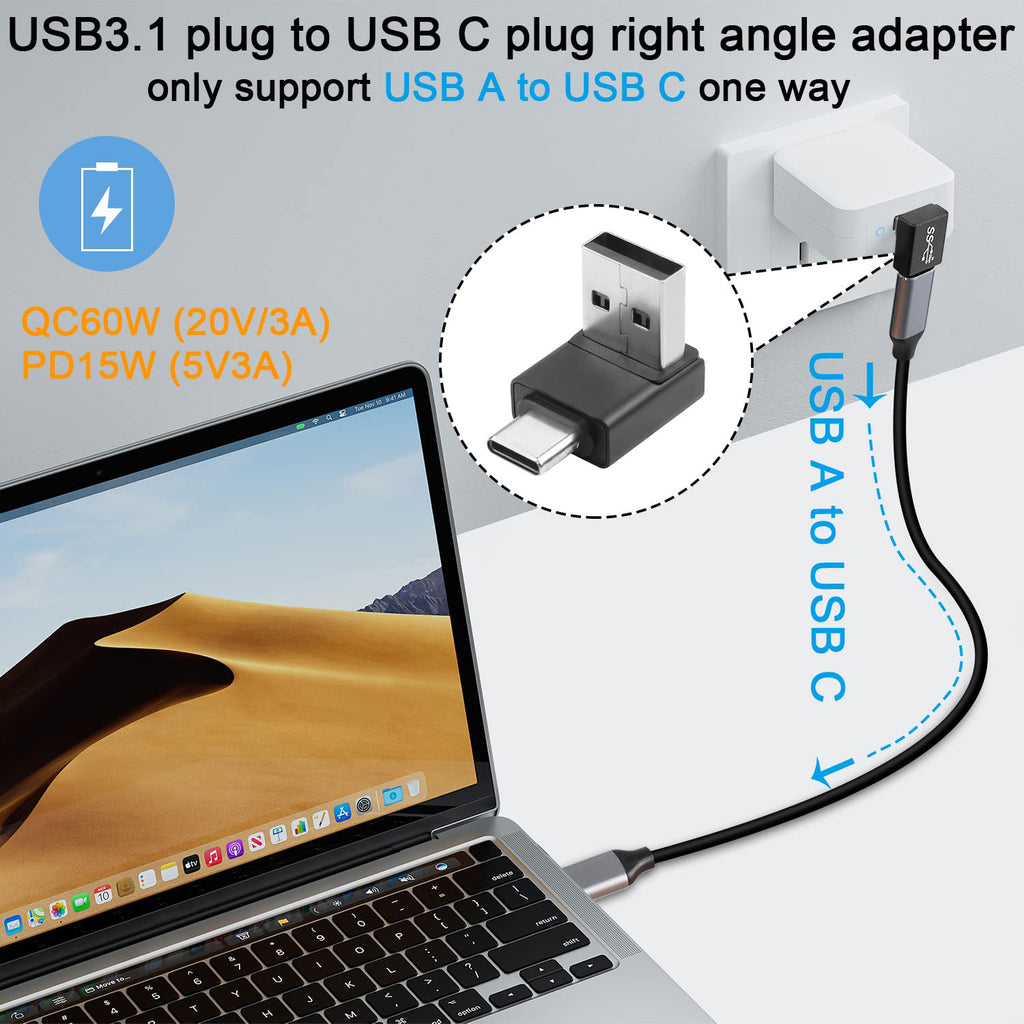 USB A Male to USB C Male 90 Degree Adapter 10Gbps Right Angle Type C Converter QC 60W PD 15W for Phone Laptop PC Charger Power Bank