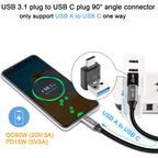 USB A Male to USB C Male 90 Degree Adapter 10Gbps Right Angle Type C Converter QC 60W PD 15W for Phone Laptop PC Charger Power Bank
