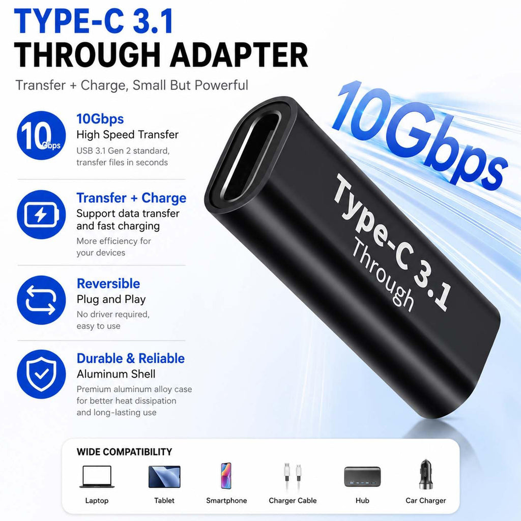 USB C Female to Female Adapter 10Gbps 100W PD 8K 60Hz Type C Coupler Extender Thunderbolt 4 3 Compatible for Cable Laptop Monitor Dock