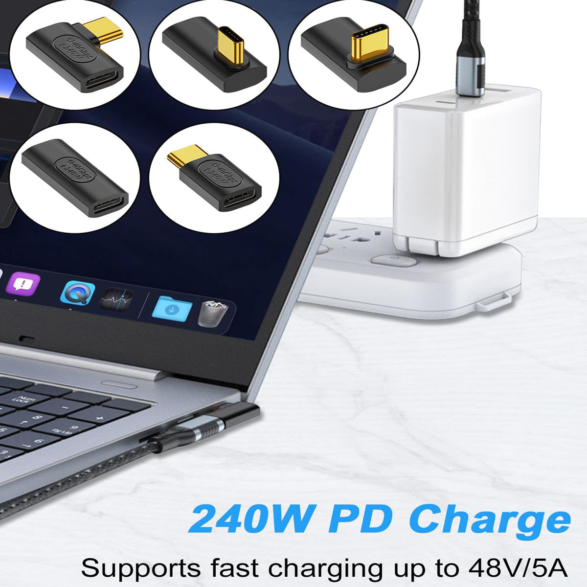 USB4 USB C Right Angle Adapter 240W PD 40Gbps 8K 60Hz 90 Degree Vertical Side Bend 180 U Shape Type C Extender for Thunderbolt 4 Steam Deck ROG Ally MacBook Pro