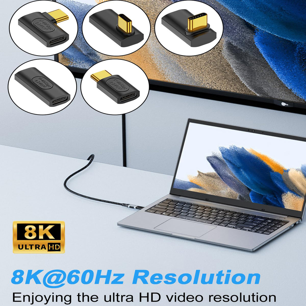USB4 USB C Right Angle Adapter 240W PD 40Gbps 8K 60Hz 90 Degree Vertical Side Bend 180 U Shape Type C Extender for Thunderbolt 4 Steam Deck ROG Ally MacBook Pro