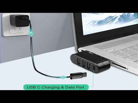 4-Port USB Hub 180° Rotatable – USB 3.0 + USB 2.0 + USB-C Power Input Plug and Play for USB-A Devices Black White Orange Blue