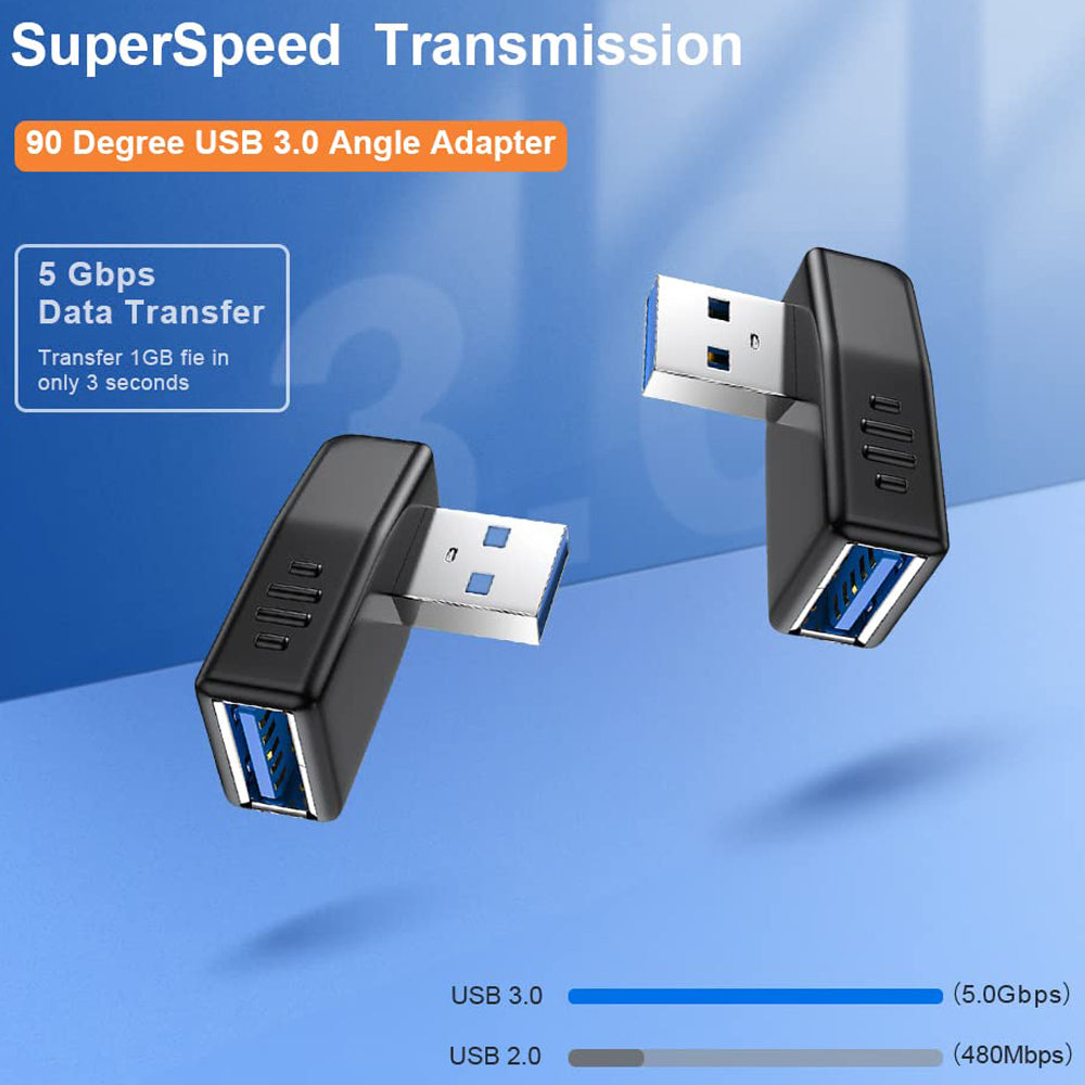USB 3.0 Adapter 90 Degree Male to Female Left Angle Right Angle 5Gbps SuperSpeed USB A Connector for PC Laptop Hard Drive Flash Drive Black Blue