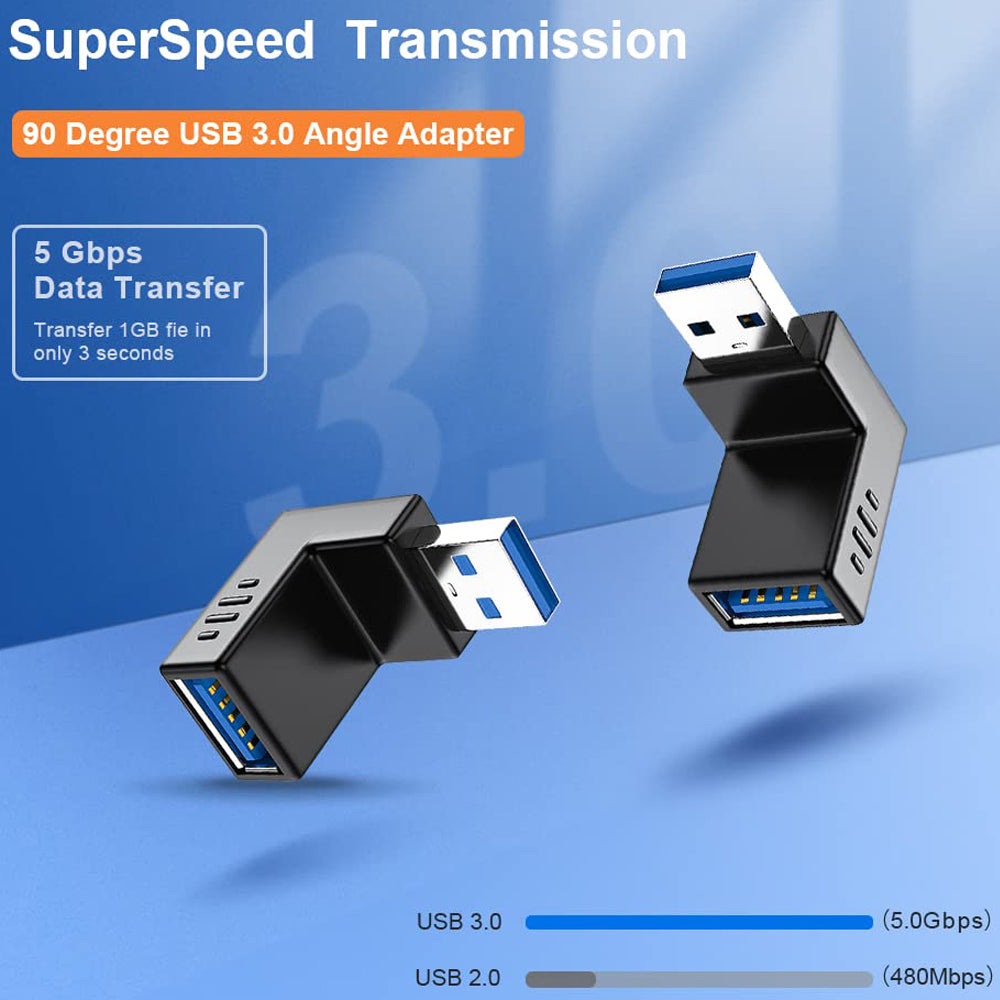 USB 3.0 Adapter 90 Degree Male to Female Up Angle Down Angle 5Gbps SuperSpeed USB A Connector for PC Laptop Hard Drive Flash Drive Black Blue