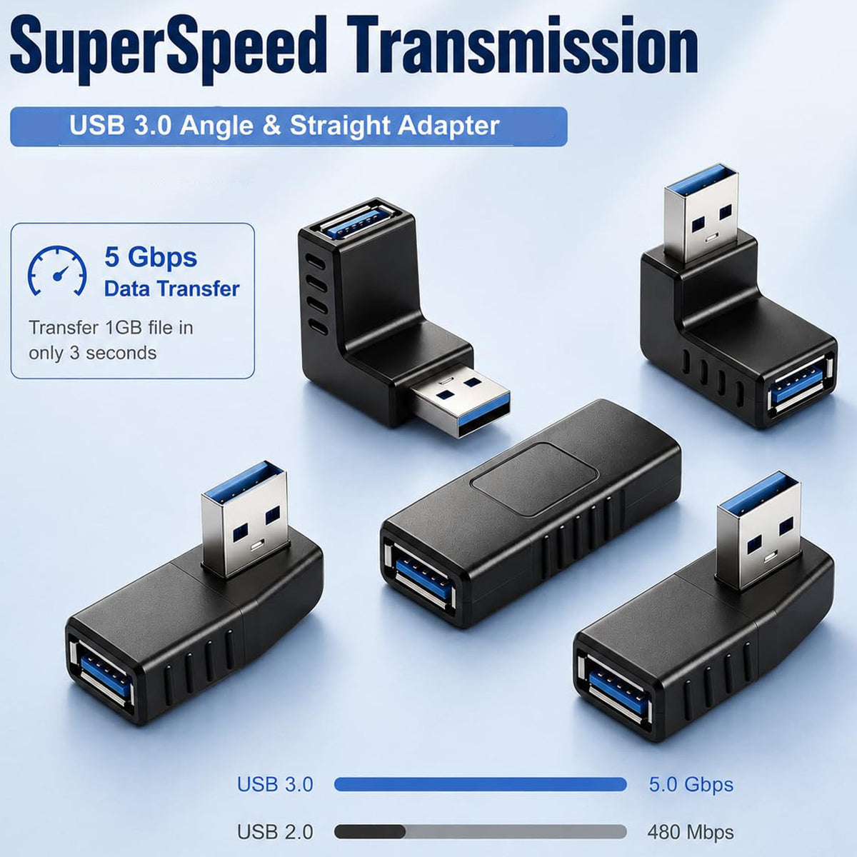 USB 3.0 Adapter Female Coupler 90 Degree Up Down Left Right Angle and Straight 5Gbps SuperSpeed USB A for PC Laptop Hard Drive Flash Drive