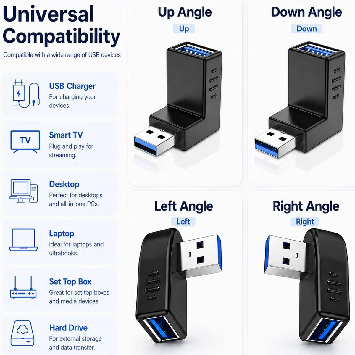 USB 3.0 Adapter Female Coupler 90 Degree Up Down Left Right Angle and Straight 5Gbps SuperSpeed USB A for PC Laptop Hard Drive Flash Drive