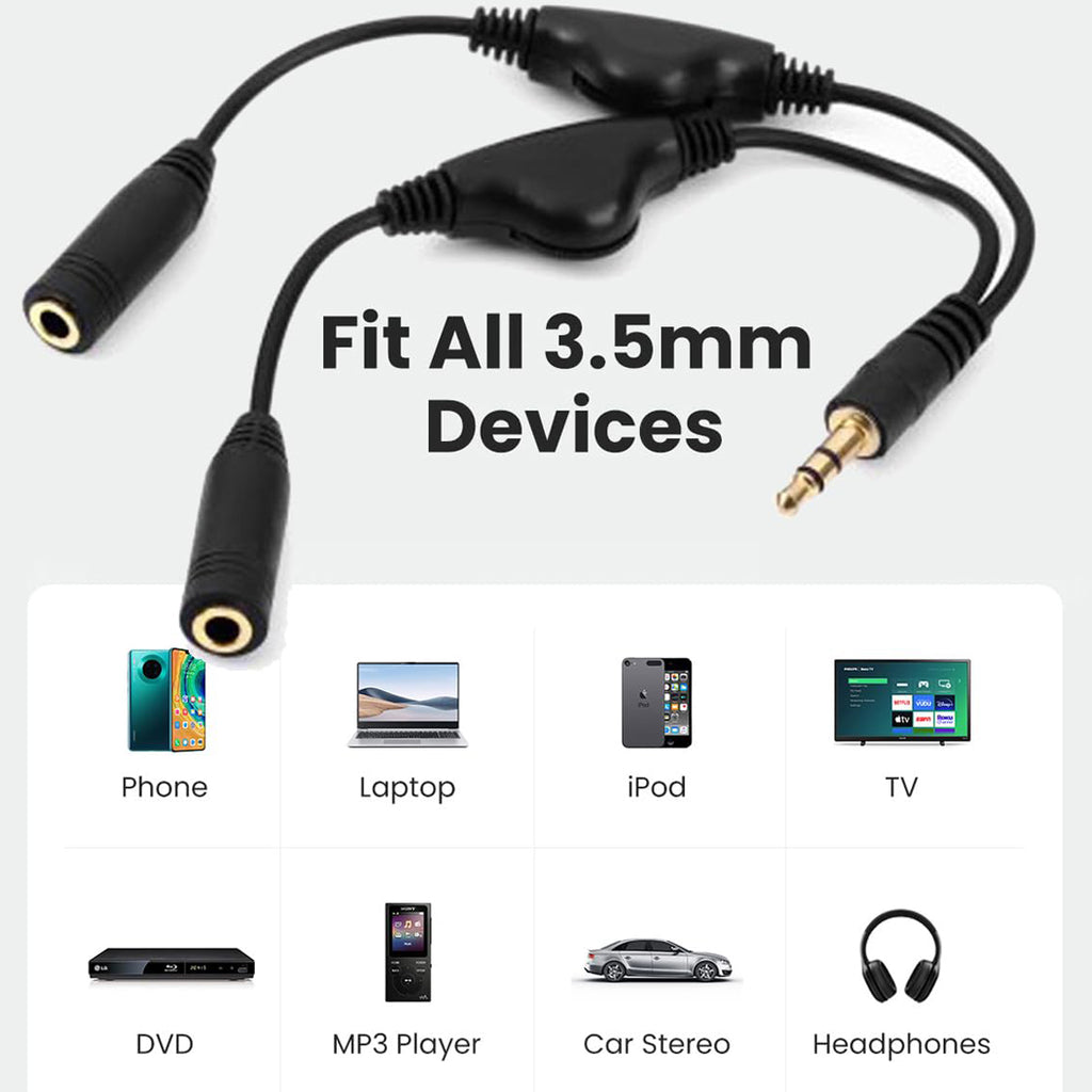 3.5mm Headphone Audio Y Splitter Cable 1 Male to 2 Female with Dual Volume Controls 3 Pole TRS Stereo Aux Jack Adapter for Earphones Speakers iPod PC