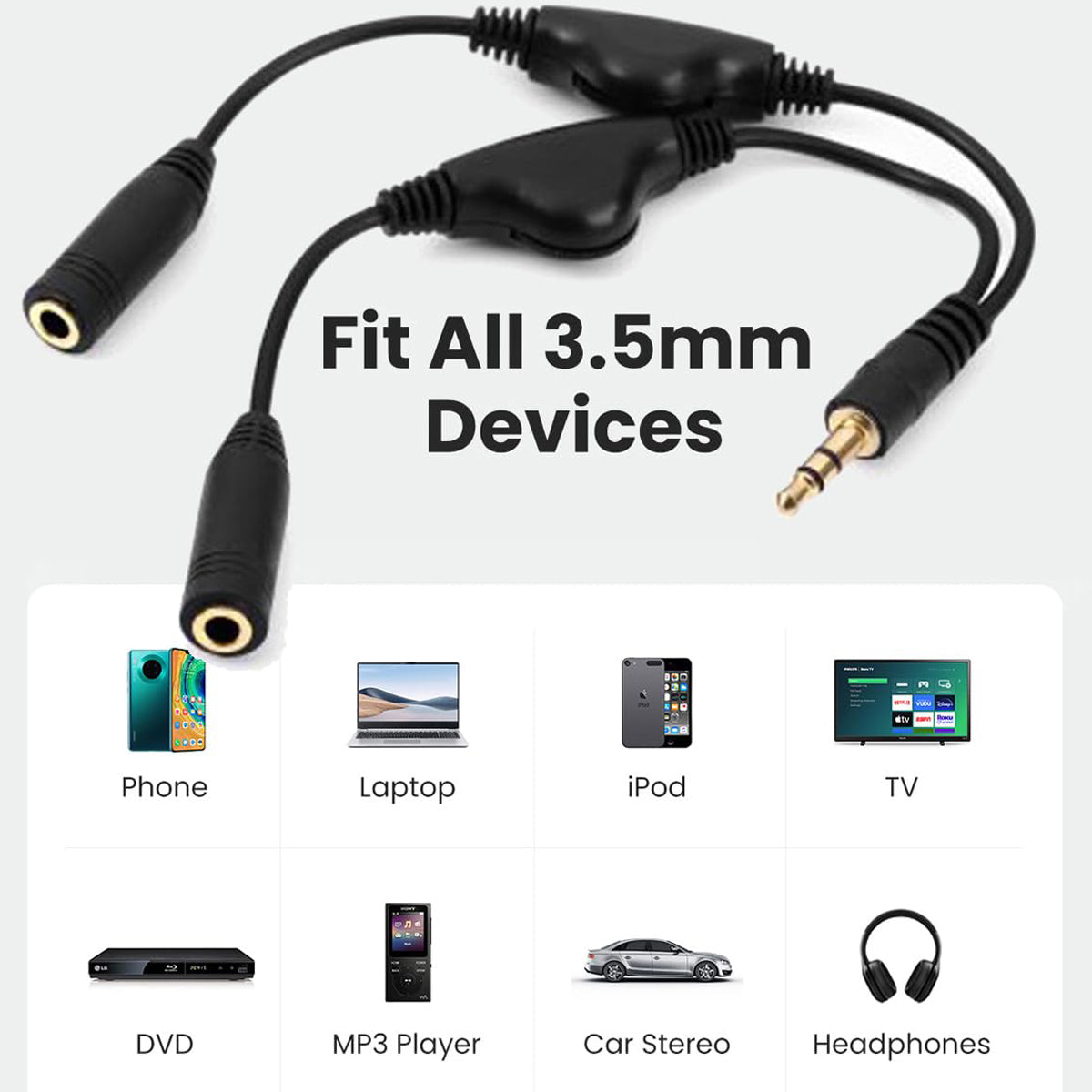 3.5mm Headphone Audio Y Splitter Cable 1 Male to 2 Female with Dual Volume Controls 3 Pole TRS Stereo Aux Jack Adapter for Earphones Speakers iPod PC